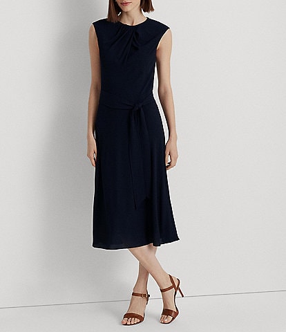 Lauren Ralph Lauren Belted Georgette Fit and Flare Dress | Dillard's