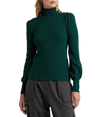 Lauren Ralph Lauren Button Trim Mock Neck Long Puffed Sleeve Sweater