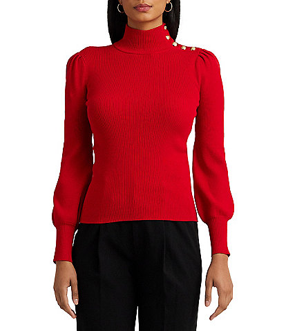 Lauren Ralph Lauren Button Trim Mock Neck Long Puffed Sleeve Sweater