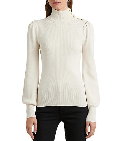 Lauren Ralph Lauren Button Trim Mock Neck Long Puffed Sleeve Sweater