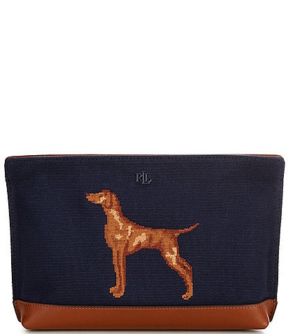 Lauren Ralph Lauren Canvas Embroidered Pointer Top Zip Wristlet