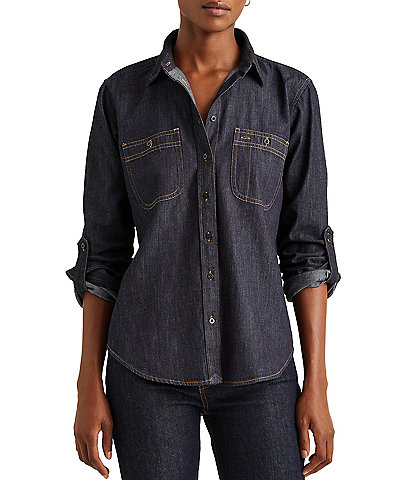 Lauren Ralph Lauren Chambray Cotton Point Collar Long Roll-Tab Sleeve Patch Pocket Button Down Shirt