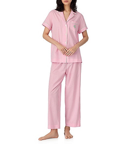 Lauren Ralph Lauren Check Print Short Sleeve Notch Collar Woven Cropped Pajama Set