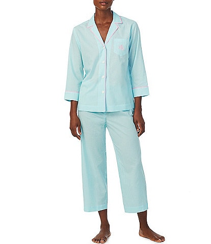 Lauren Ralph Lauren Checkered Print 3/4 Sleeve Notch Collar Woven Pajama Set