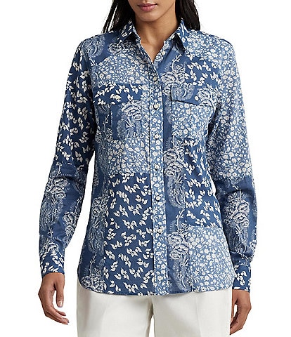 Lauren Ralph Lauren Classic Fit Patchwork Floral Voile Button Front Shirt