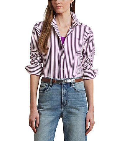 Lauren Ralph Lauren Classic Fit Striped Point Collar Long Sleeve Button-Front Broadcloth Shirt