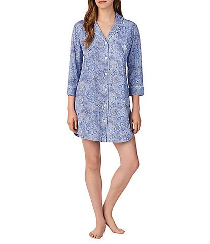 Lauren Ralph Lauren Classic Notch Collar 3/4 Sleeve Button-Front Paisley Print Nightshirt