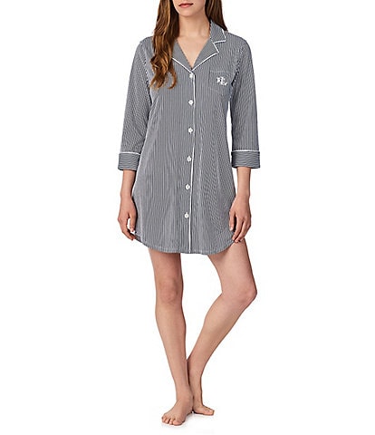 Lauren Ralph Lauren Classic Notch Collar 3/4 Sleeve Striped Cotton Nightshirt