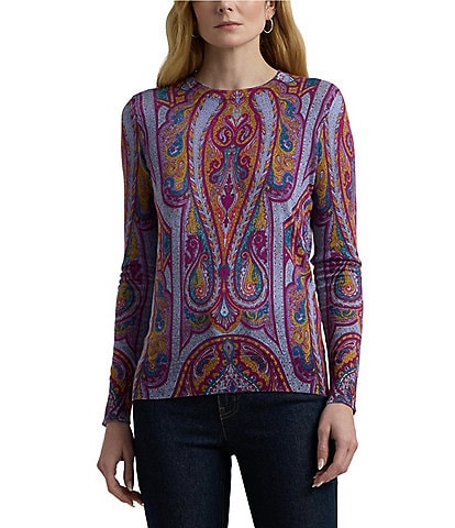 Lauren Ralph Lauren Cotton-Blend Paisley Print Crew Neck Long Sleeve Fitted Sweater