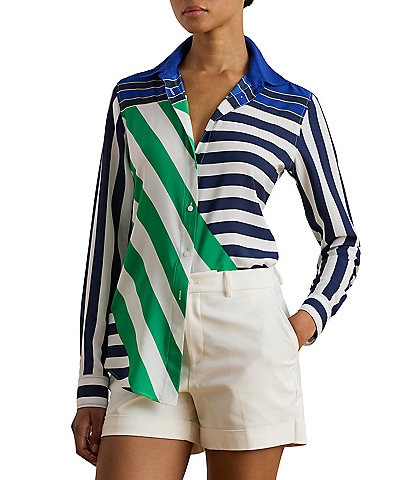 Lauren Ralph Lauren Crepe de Chine Color Block Stripe Point Collar Long Sleeve Button Front Shirt