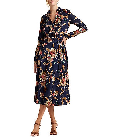 Lauren Ralph Lauren Crepe Floral Point Collar Surplice V-Neck Long Sleeve Midi Dress