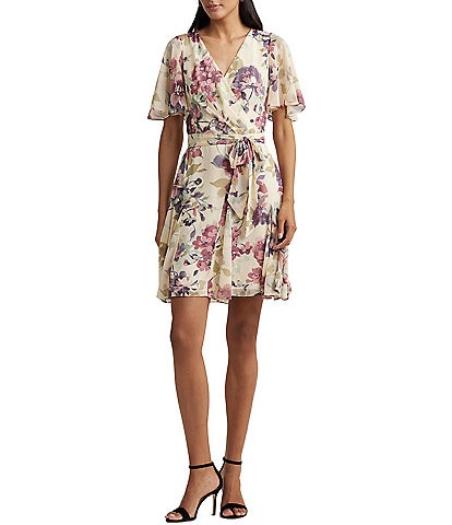 Lauren Ralph Lauren Crinkle Georgette Floral Print Surplice Neck Flutter Sleeve Mini Dress