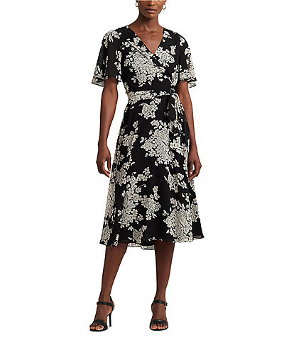 Lauren Ralph Lauren Crinkle Georgette Floral Print Surplice V-Neck Short Sleeve Midi Dress