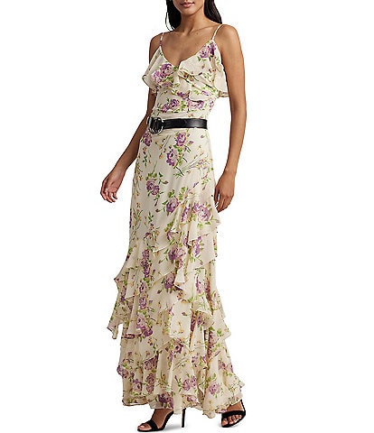 Lauren Ralph Lauren Crinkle Georgette Floral Print V-Neck Sleeveless Ruffle Gown