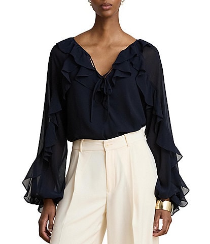 Lauren Ralph Lauren Crinkle Georgette Split Neck Long Sleeve Blouse