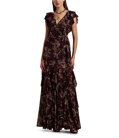 Lauren Ralph Lauren Darbilne Floral Crinkle Georgette V-Neck Flutter Sleeve Tie Waist Ruffle Gown