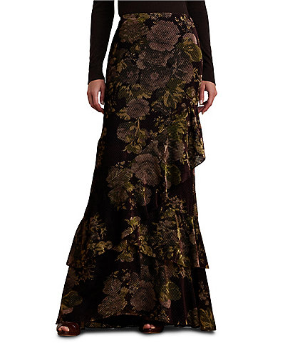 Lauren Ralph Lauren Burnout Velvet Floral Tiered Flounce Maxi Skirt