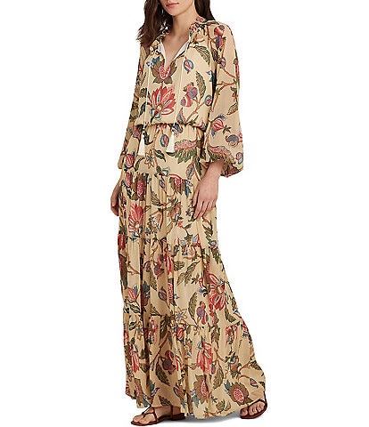 Lauren Ralph Lauren Deirlee Floral Ruffle Trim Long Blouson Sleeve Maxi Dress
