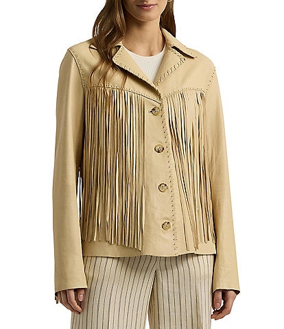 Lauren Ralph Lauren Delora Button Front Fringe Lambskin Leather Jacket