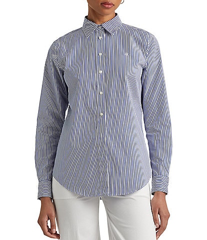 Lauren Ralph Lauren Easy Care Striped Print Point Collar Shirttail Hem Long Sleeve Shirt