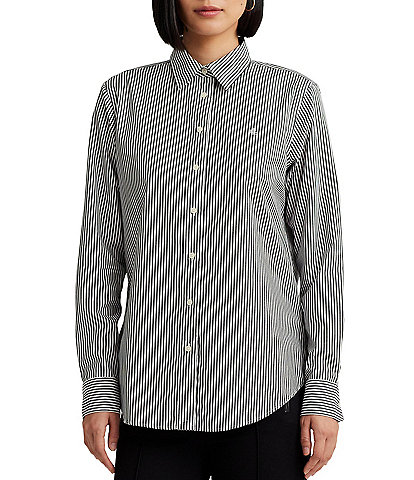 Lauren Ralph Lauren Easy Care Striped Print Point Collar Shirttail Hem Long Sleeve Shirt
