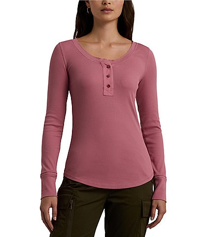 Lauren Ralph Lauren Edina Henley Voile Elbow Patch "LRL" Pearlized Button Tee Shirt