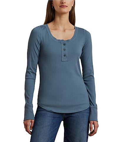 Lauren Ralph Lauren Edina Henley Voile Elbow Patch "LRL" Pearlized Button Tee Shirt