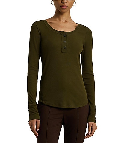 Lauren Ralph Lauren Edina Henley Voile Elbow Patch #double;LRL#double; Pearlized Button Tee Shirt