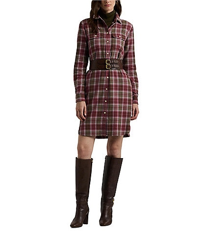 Lauren Ralph Lauren Emesta Checked Plaid Patch Pocket Belted Shirt Dress