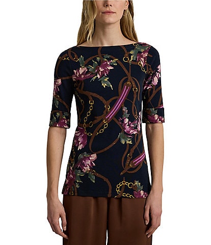 Lauren Ralph Lauren Equestrian-Inspired Floral Print Boat Neck Elbow Length Sleeve Tee Shirt