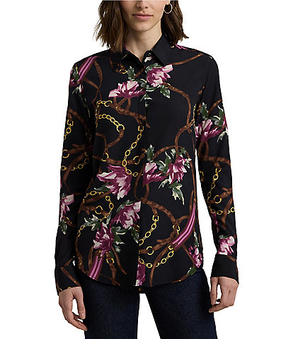 Lauren Ralph Lauren Equestrian-Inspired Floral Print Crepe Long Sleeve Button-Front Shirt