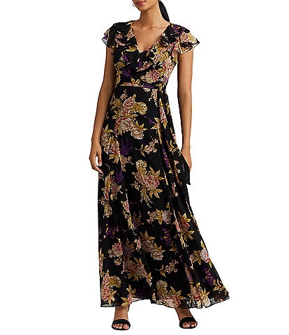 Lauren Ralph Lauren Floral Belted Crinkle Georgette Gown