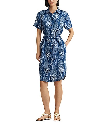 Lauren Ralph Lauren Floral Belted Point Collar Short Sleeve Side Pocket Linen Button Front Shirt Dress