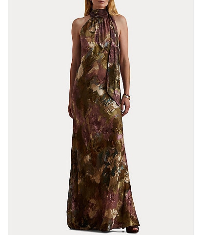 Lauren Ralph Lauren Floral Burnout Satin Pleated Halter Mock Neck Sleeveless Back Tie Gown