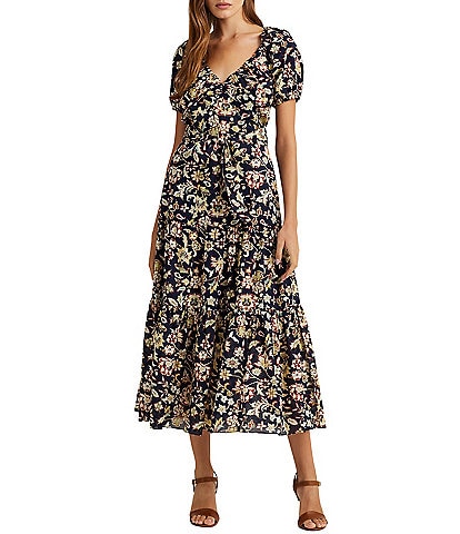 Lauren Ralph Lauren Floral Cotton Voile Short Puff Sleeve Belted Waist Fit and Flare Dress