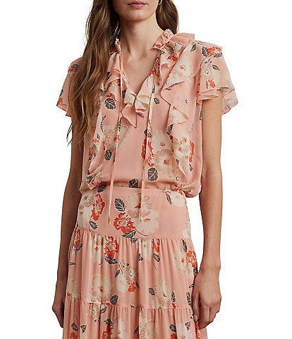 Lauren Ralph Lauren Floral Crinkle Georgette V-Neck Flutter Short Sleeve Blouse