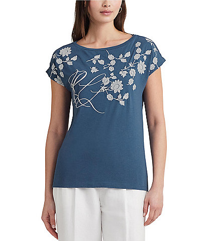 Lauren Ralph Lauren Floral Embroidered Boat Neck Short Sleeve Jersey Tee Shirt