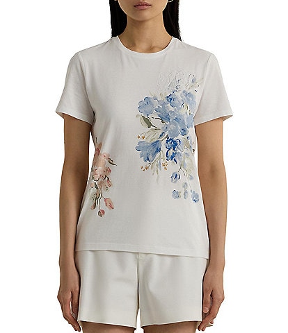 Lauren Ralph Lauren Floral Eyelet Embroidered Logo Crew Neck Short Sleeve Tee Shirt