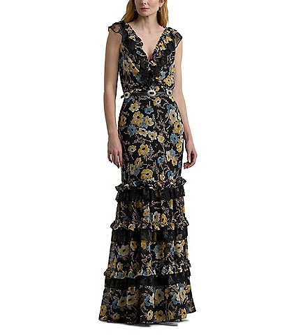 Lauren Ralph Lauren Floral Georgette V-Neck Flutter Sleeve Tiered Ruffle Gown