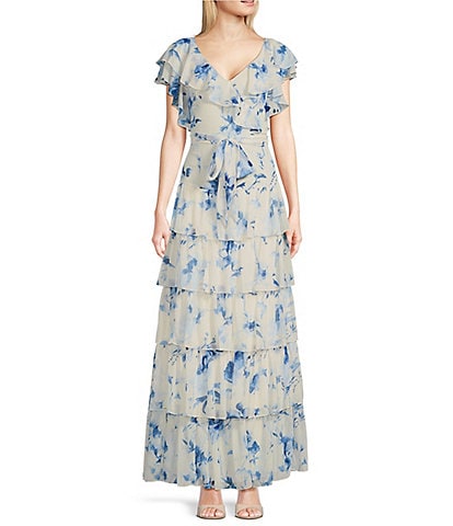 Lauren Ralph Lauren Floral Georgette V-Neck Short Flutter Sleeve Tie Waist Tiered Dress