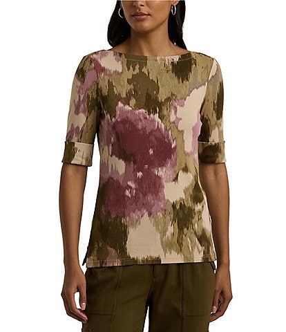 Lauren Ralph Lauren Floral Judy Boat Neck Elbow Sleeve Tee