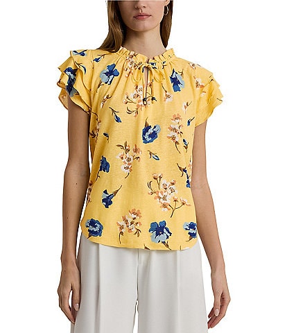 Lauren Ralph Lauren Floral Linen Blend Jersey Ruffle Trim Tie-Neck Short Flutter Sleeves Top