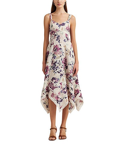 Lauren Ralph Lauren Floral Linen Sleeveless V-Neck Fit and Flare Midi Dress
