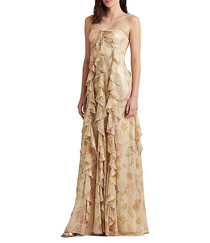 Lauren Ralph Lauren Floral Metallic Chiffon Sweetheart Neck Strapless Ruffled Gown