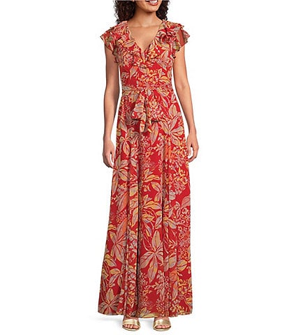 Lauren Ralph Lauren Floral Print Crinkle Georgette V-Neck Ruffle Trim A-Line Maxi Dress
