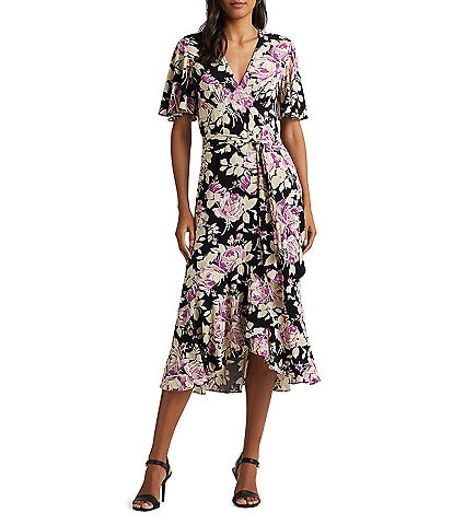 Lauren Ralph Lauren Floral Print Belted V-Neck Short Flutter Sleeve Faux Wrap Dress