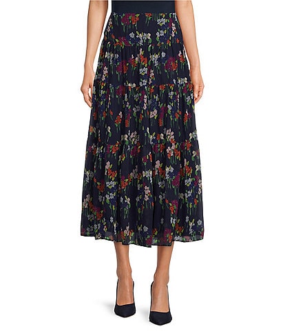 Lauren Ralph Lauren Floral Print Crinkle Georgette Tiered A-Line Midi Skirt