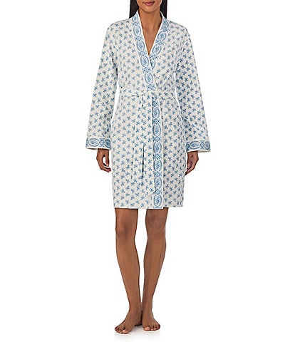 Lauren Ralph Lauren Floral Print Long Kimono Sleeve Wrap Short Robe