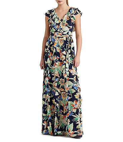Lauren Ralph Lauren Floral Print Ruffle Trim V-Neck A-Line Dress