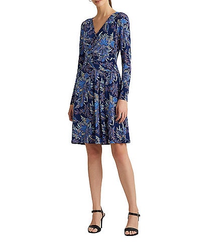 Lauren Ralph Lauren Floral Print Surplice V-Neck Long Sleeve Faux Wrap Dress